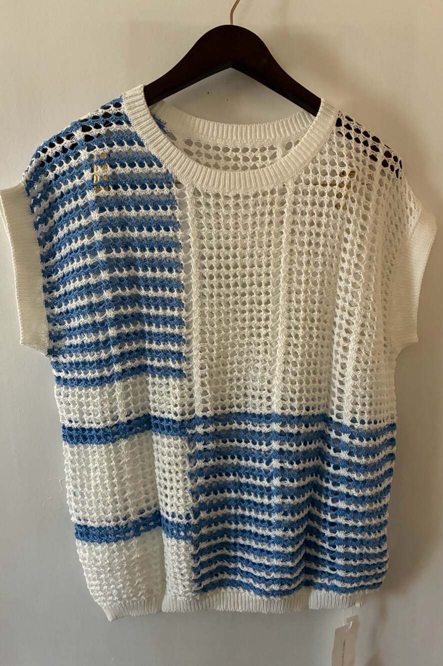 FISOEW Mixed Pattern Open Knit Crochet Striped Short Sleeve Sweater